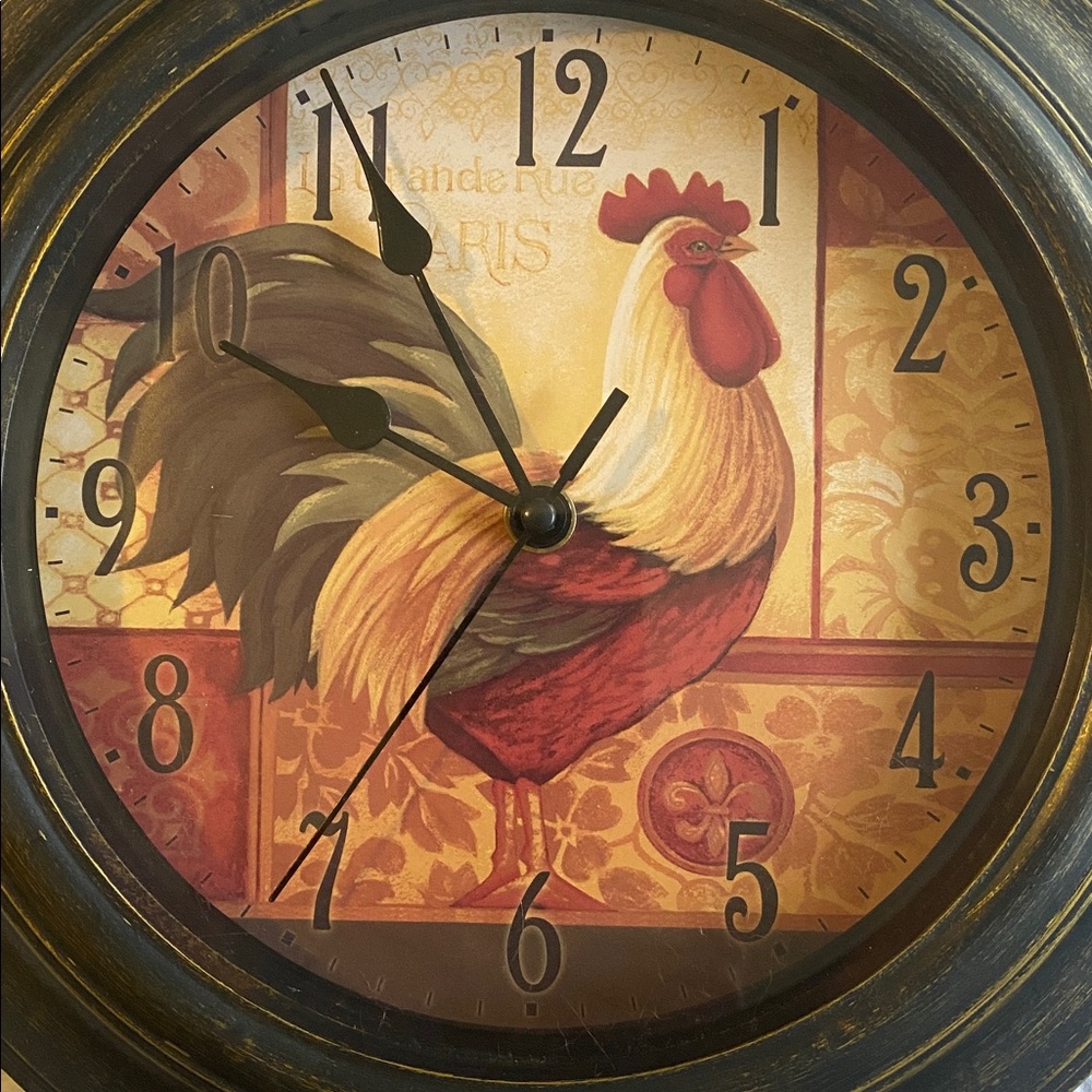 Rooster Wall Clock with Black/Gold Distressed Frame French Country Chic